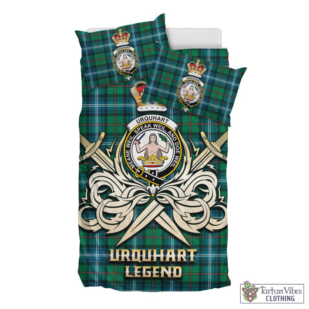 Tartan Vibes Clothing Urquhart Ancient Tartan Bedding Set with Clan Crest and the Golden Sword of Courageous Legacy