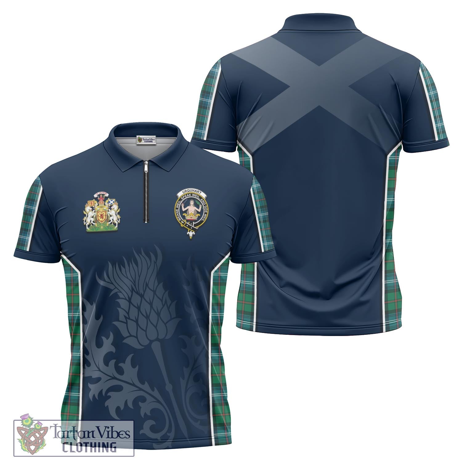 Tartan Vibes Clothing Urquhart Ancient Tartan Zipper Polo Shirt with Family Crest and Scottish Thistle Vibes Sport Style