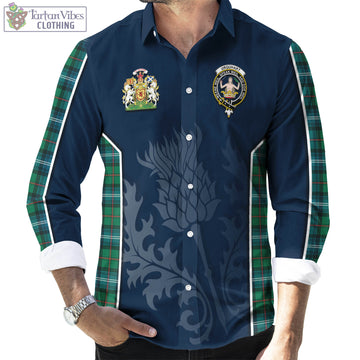 Urquhart Ancient Tartan Long Sleeve Button Up Shirt with Family Crest and Scottish Thistle Vibes Sport Style