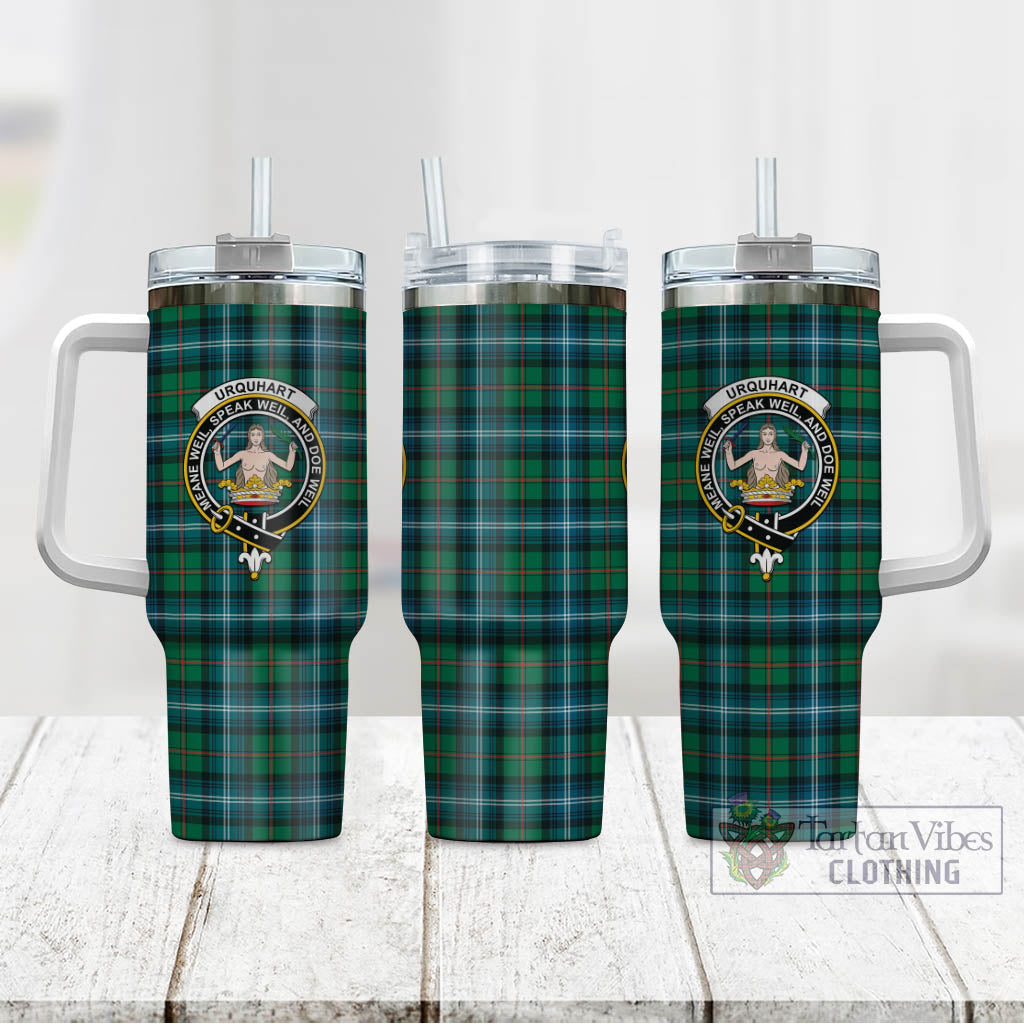 Tartan Vibes Clothing Urquhart Ancient Tartan and Family Crest Tumbler with Handle