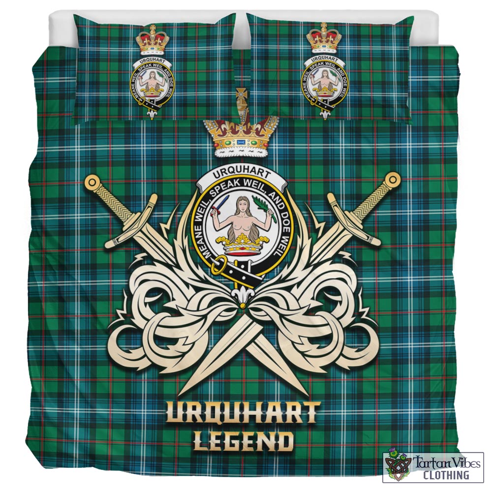 Tartan Vibes Clothing Urquhart Ancient Tartan Bedding Set with Clan Crest and the Golden Sword of Courageous Legacy