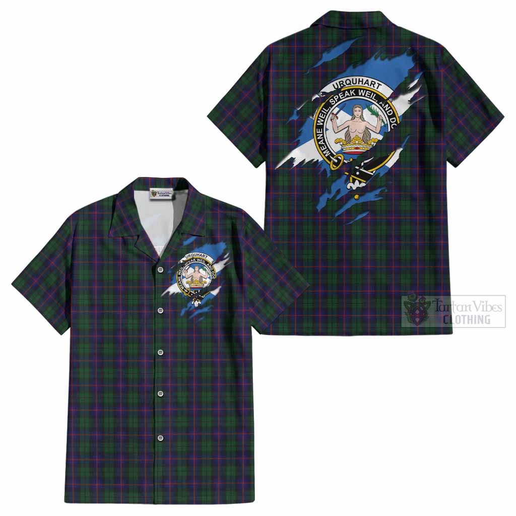 Urquhart Clan Crest In Me Tartan Cotton Hawaiian Shirt Scotland Flag Style
