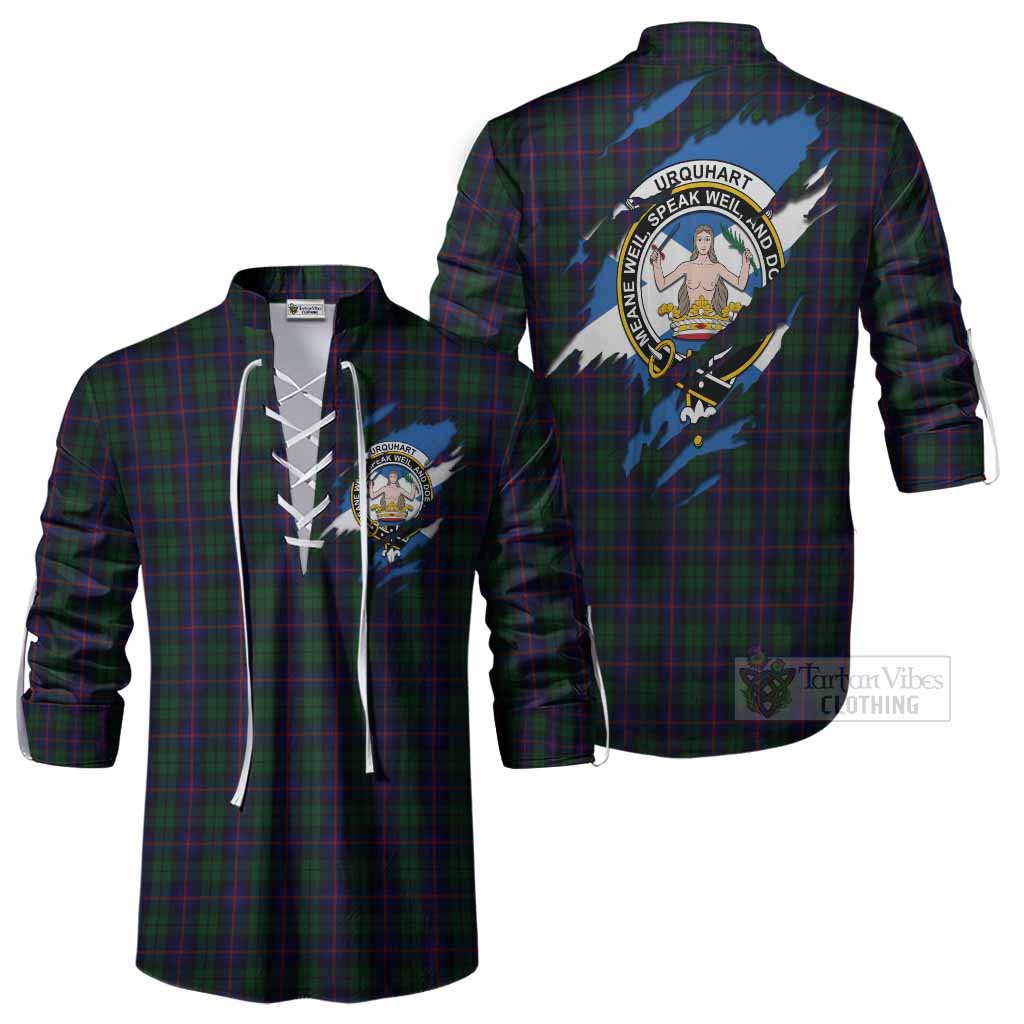 Urquhart Clan Crest In Me Tartan Ghillie Shirt Scotland Flag Style