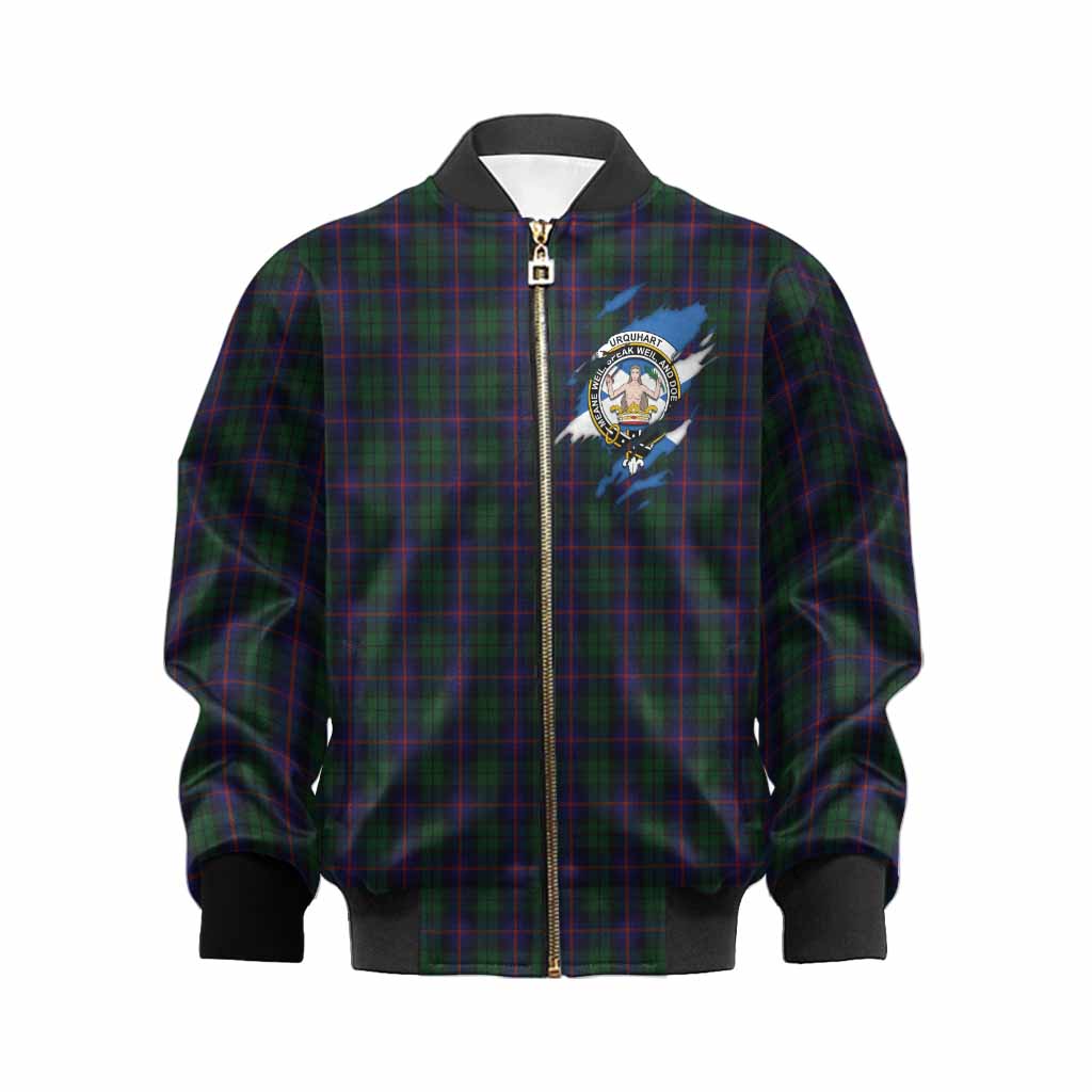 Urquhart Clan Crest In Me Tartan Kid Bomber Jacket Scotland Flag Style