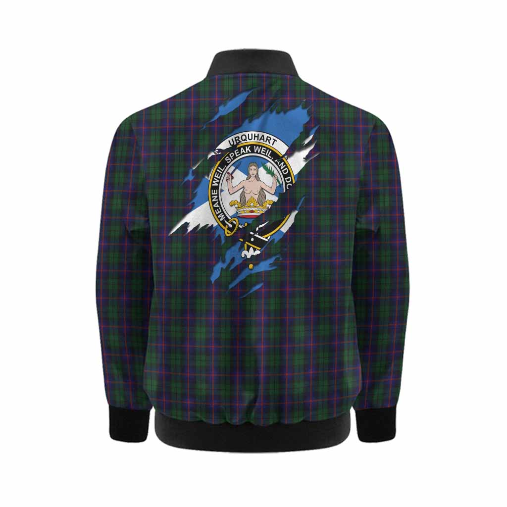 Urquhart Clan Crest In Me Tartan Kid Bomber Jacket Scotland Flag Style