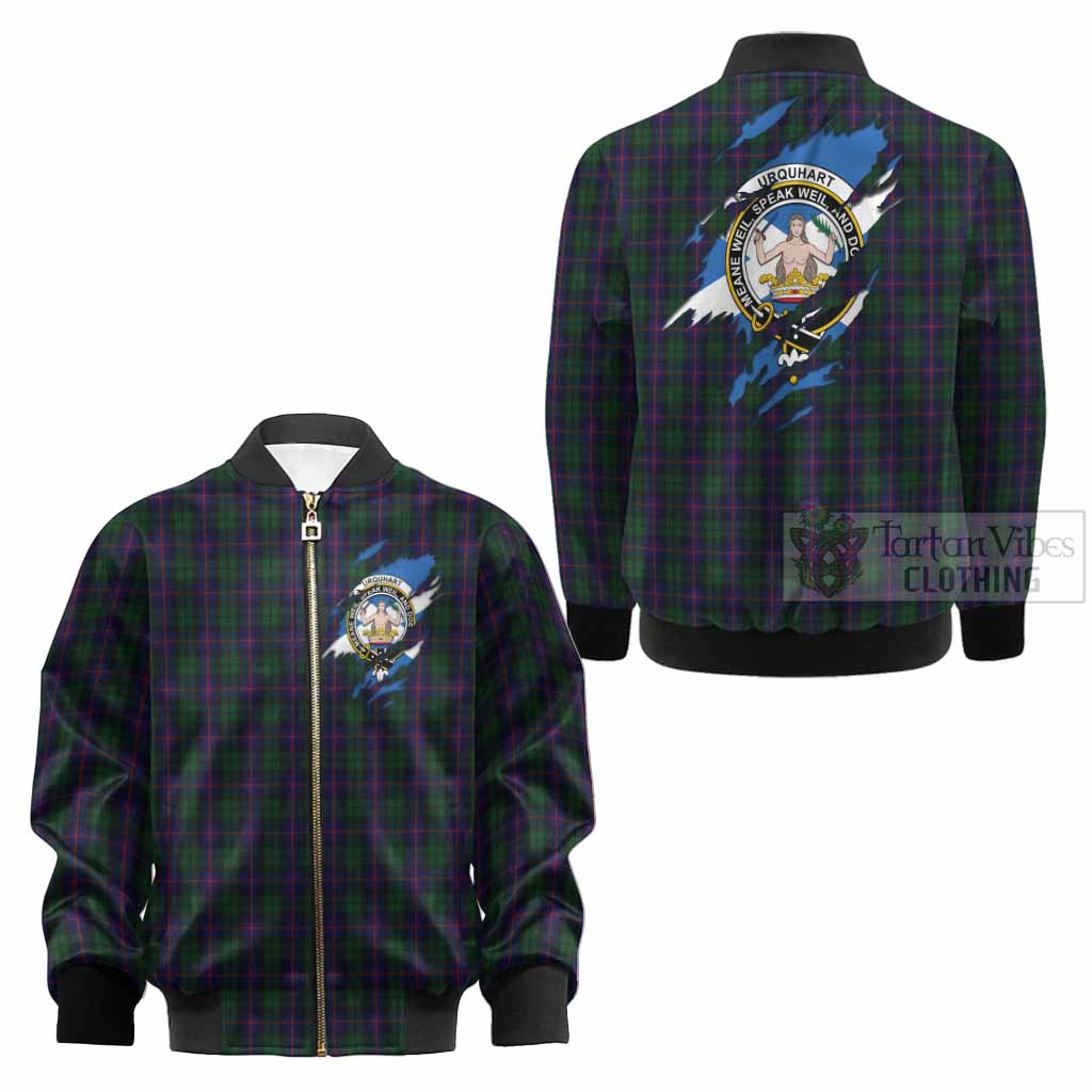 Urquhart Clan Crest In Me Tartan Kid Bomber Jacket Scotland Flag Style