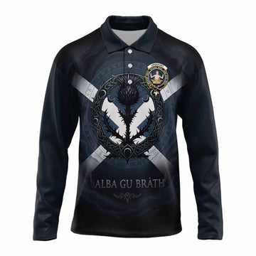Urquhart Clan Crest Long Sleeve Polo Shirt with Celtic Knot Thistle and Saltire