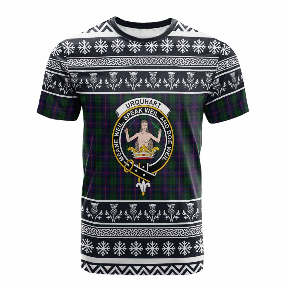 Urquhart Clan Tartan Christmas Cotton T-shirt with Family Crest - Tartan Vibes Clothing