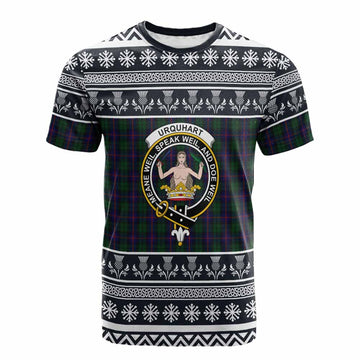 Urquhart Clan Tartan Christmas Cotton T-shirt with Family Crest