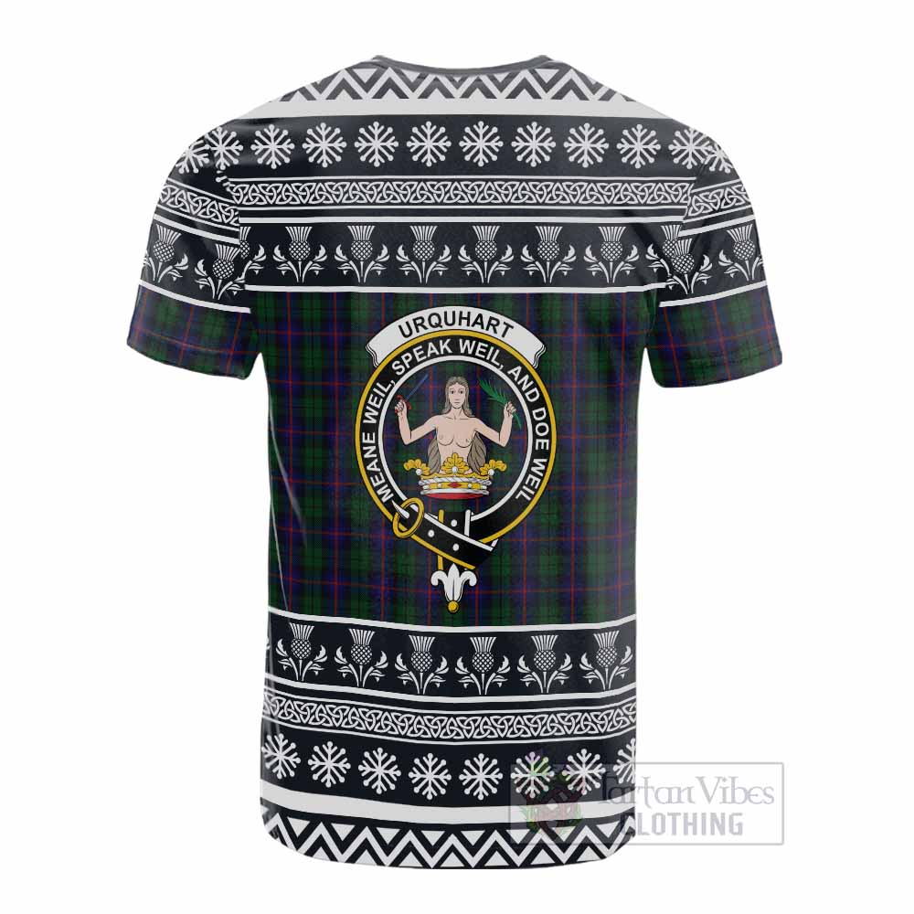 Urquhart Clan Tartan Christmas Cotton T-shirt with Family Crest - Tartan Vibes Clothing