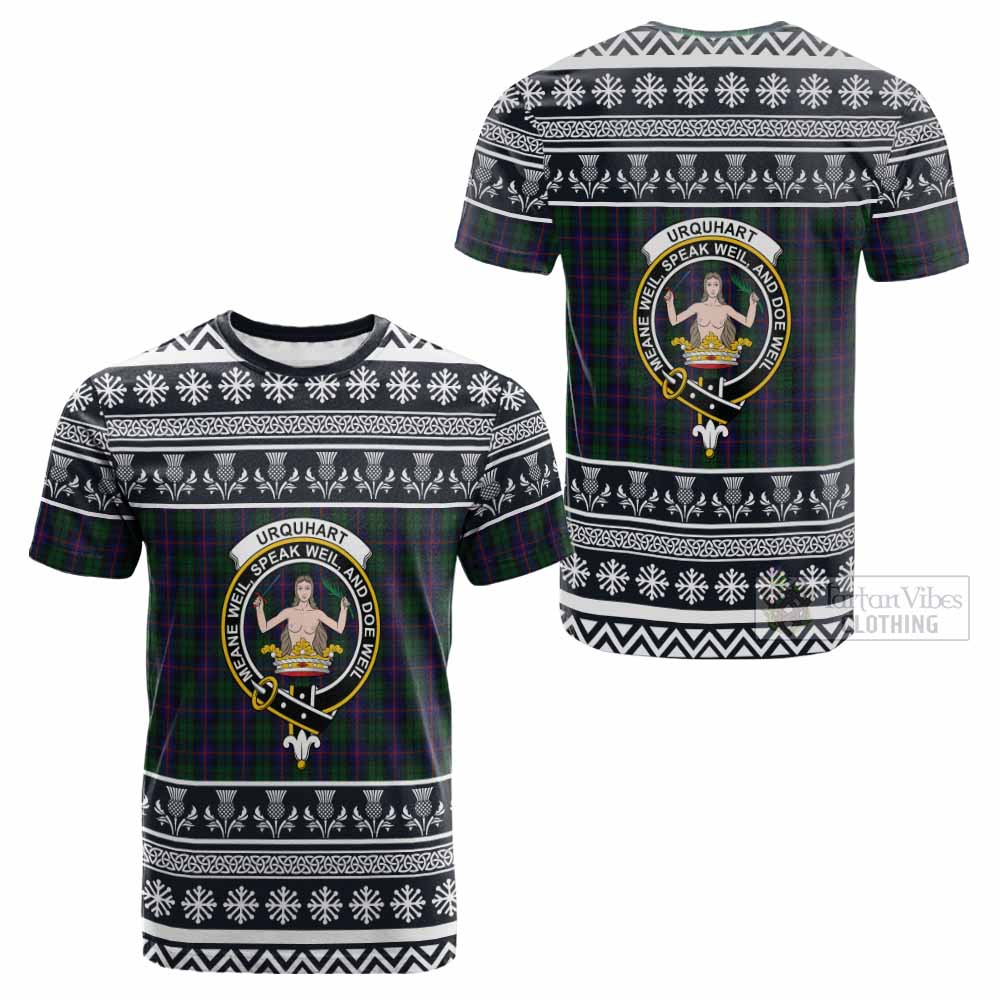 Urquhart Clan Tartan Christmas Cotton T-shirt with Family Crest - Tartan Vibes Clothing