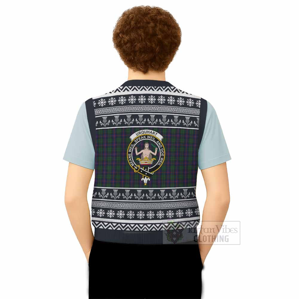 Urquhart Clan Tartan Christmas Knitted V-Neck Vest with Family Crest - Tartan Vibes Clothing