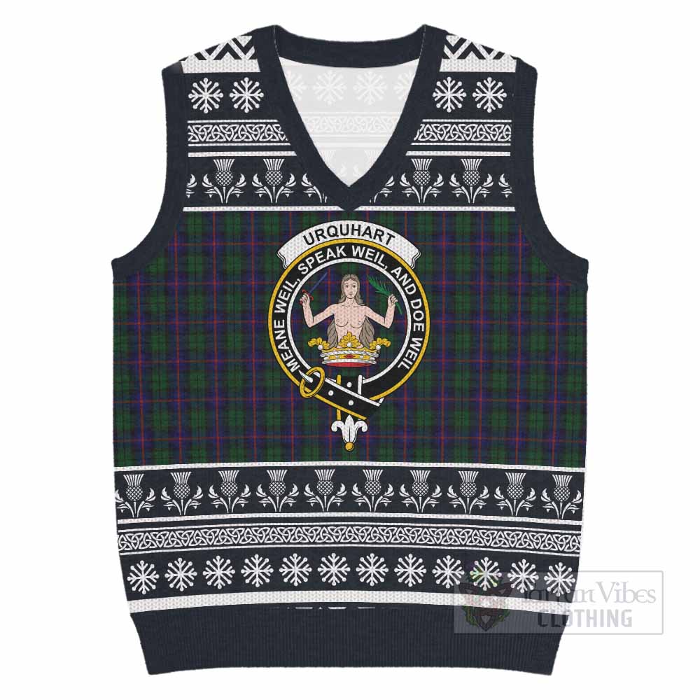Urquhart Clan Tartan Christmas Knitted V-Neck Vest with Family Crest - Tartan Vibes Clothing