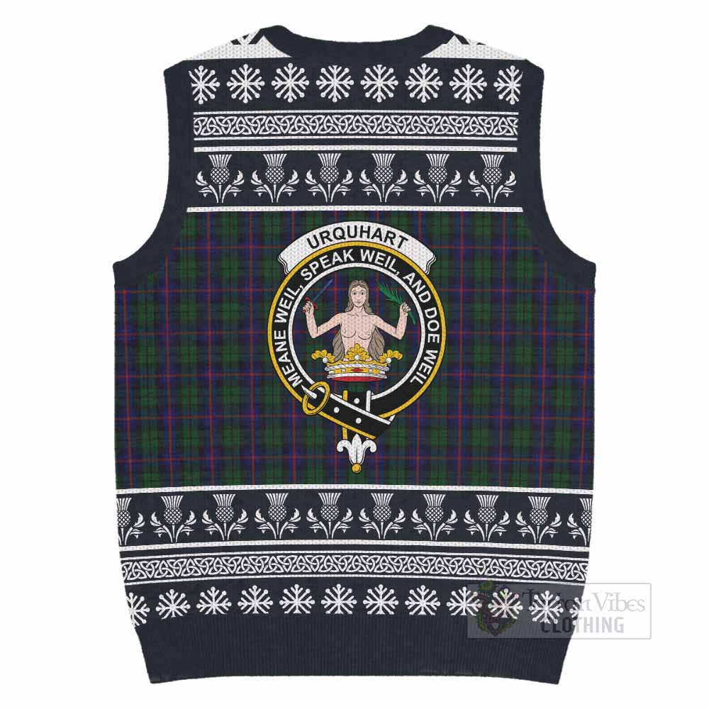 Urquhart Clan Tartan Christmas Knitted V-Neck Vest with Family Crest - Tartan Vibes Clothing