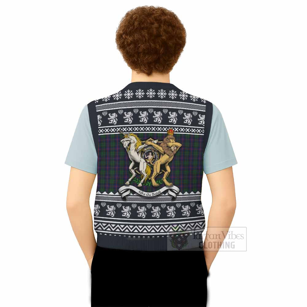 Urquhart Clan Tartan Crest Christmas Knitted V-Neck Vest Coat of Arms Funny Style - Tartan Vibes Clothing