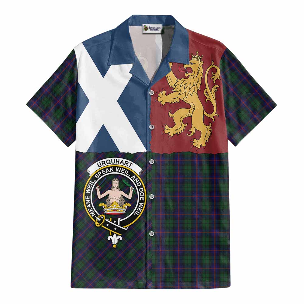 Urquhart Crest Tartan Cotton Hawaiian Shirt with Lion Rampant Saltire Style - Tartan Vibes Clothing
