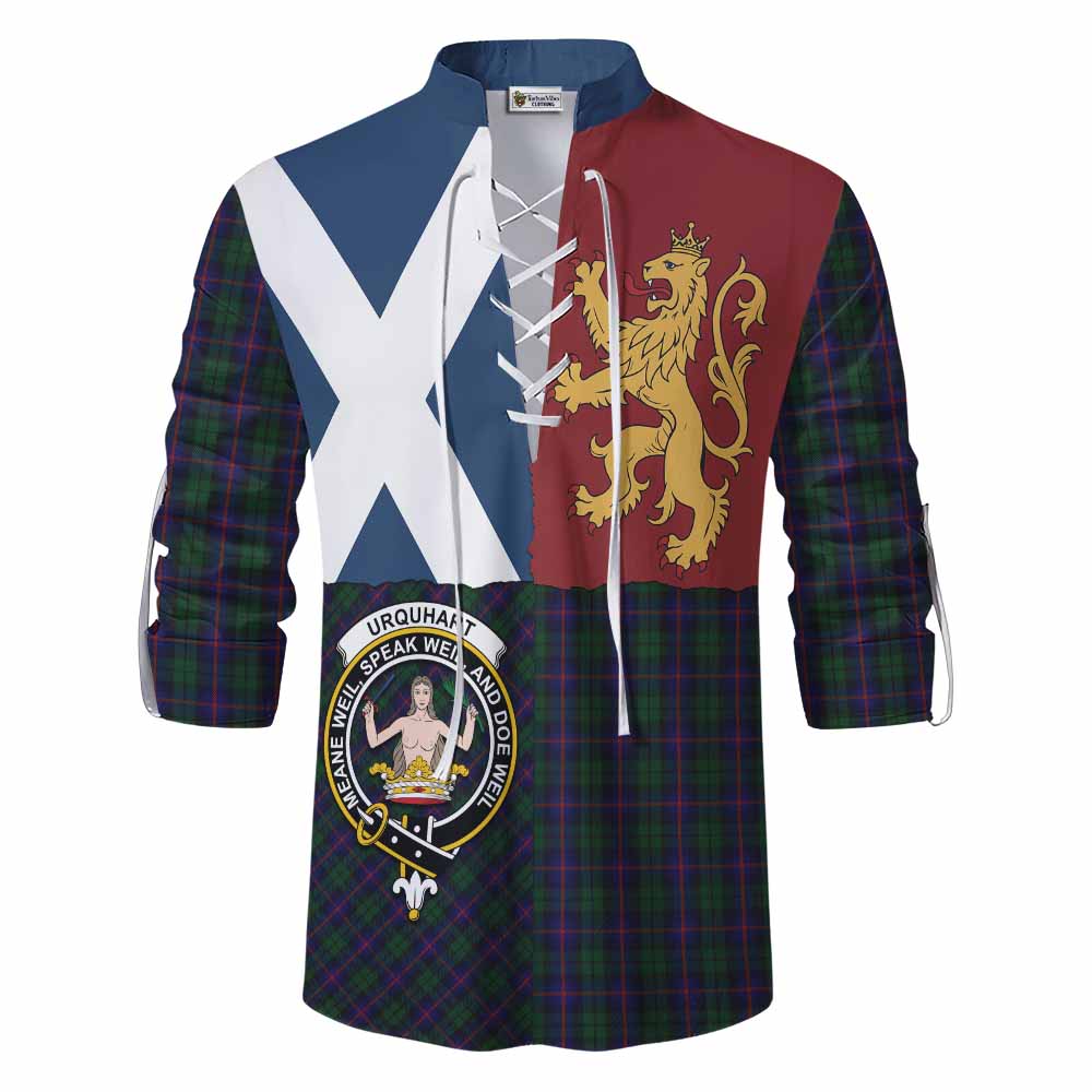 Urquhart Crest Tartan Ghillie Shirt with Lion Rampant Saltire Style - Tartan Vibes Clothing