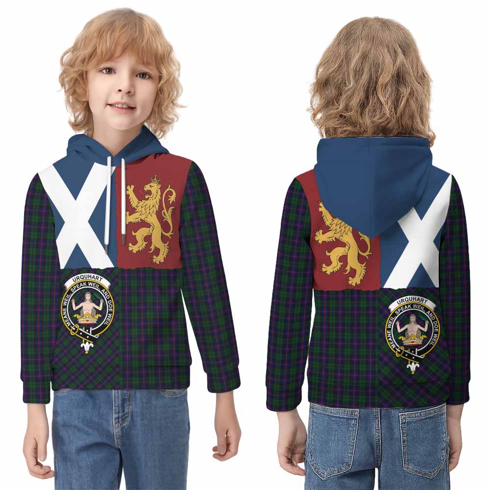 Urquhart Crest Tartan Kid Hoodie with Lion Rampant Saltire Style - Tartan Vibes Clothing
