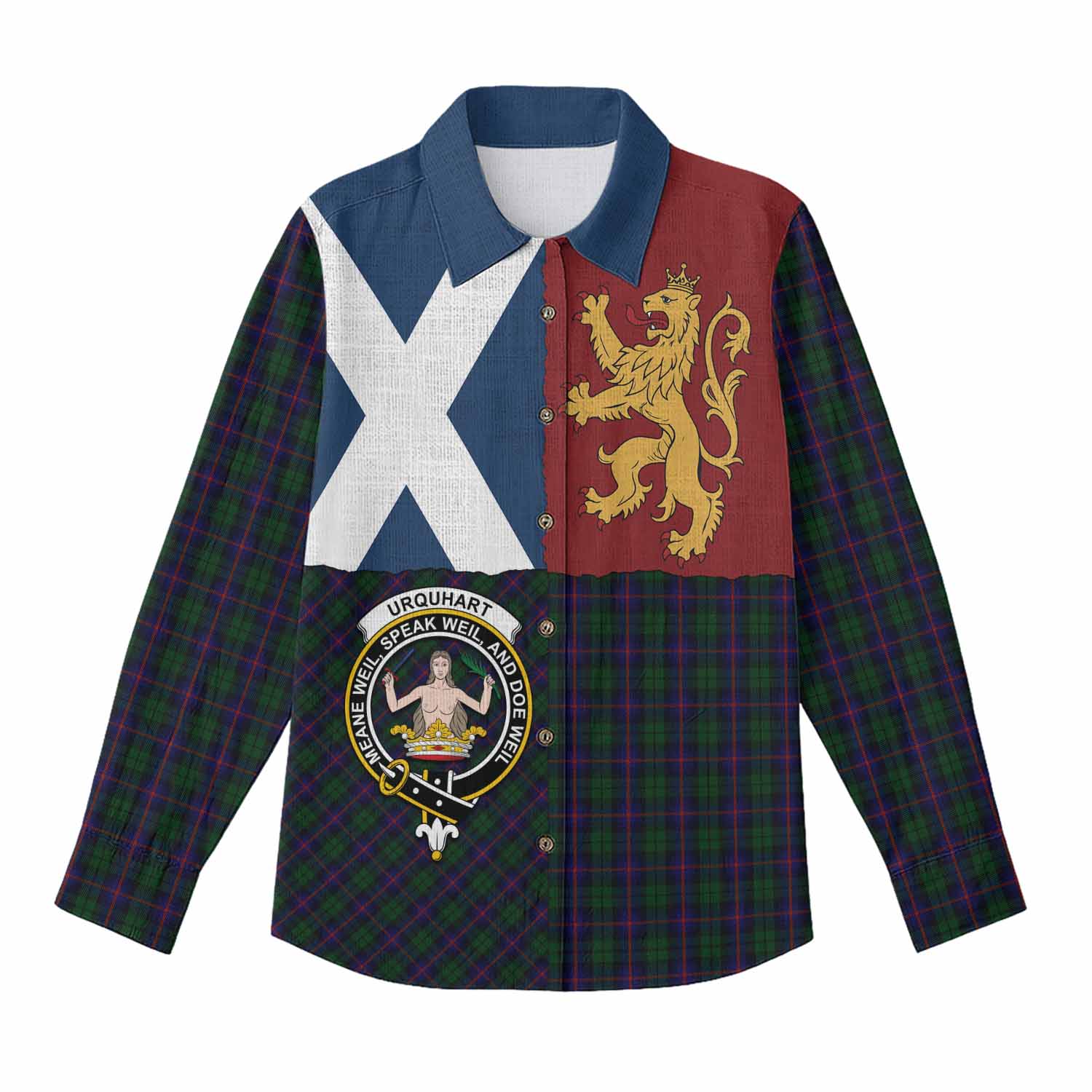 Urquhart Crest Tartan Women Casual Shirt with Lion Rampant Saltire Style