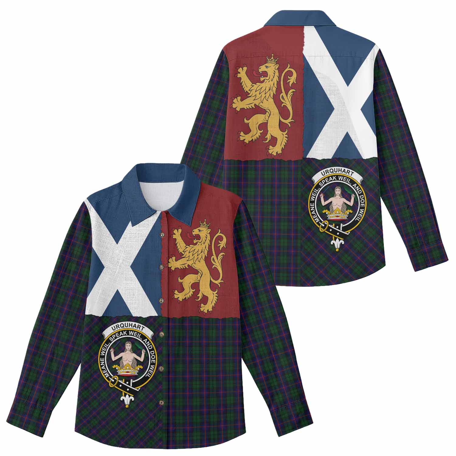 Urquhart Crest Tartan Women Casual Shirt with Lion Rampant Saltire Style