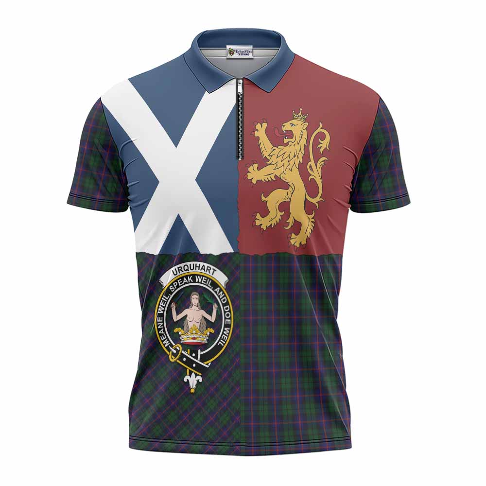 Urquhart Crest Tartan Zipper Polo Shirt with Lion Rampant Saltire Style
