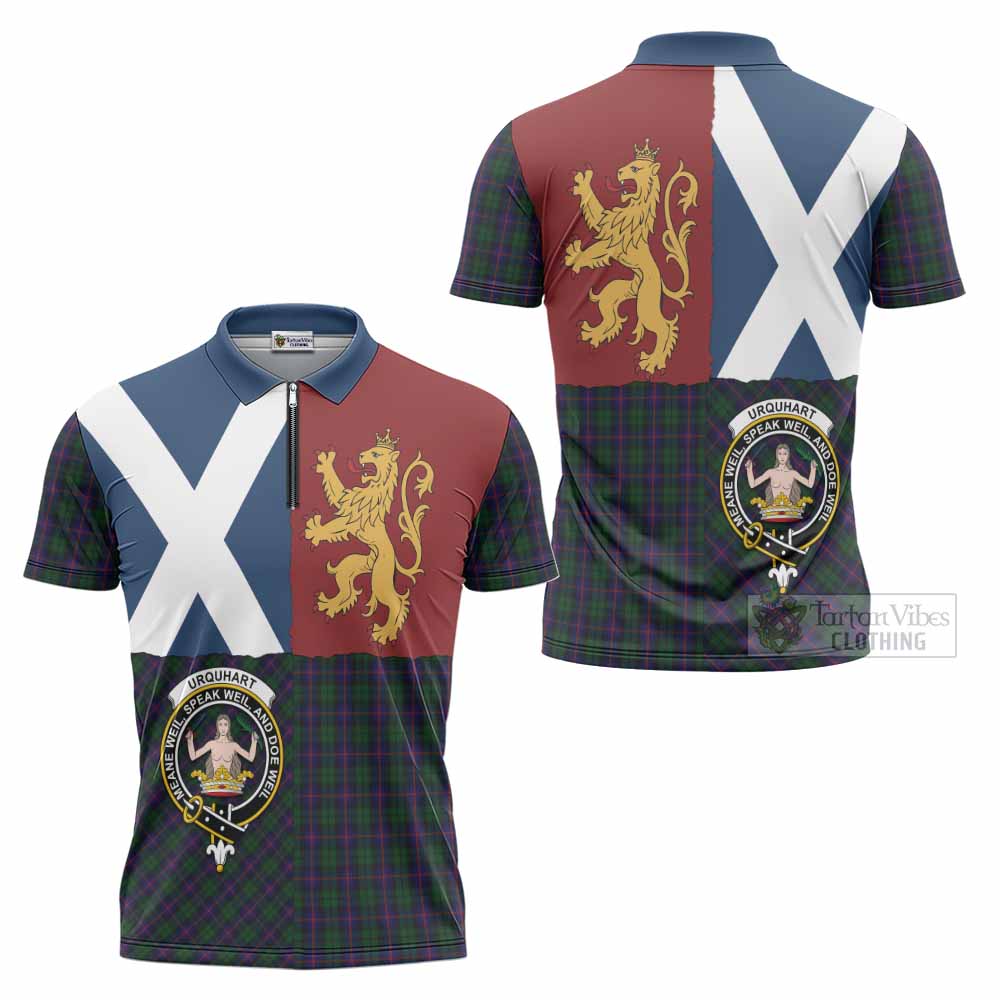 Urquhart Crest Tartan Zipper Polo Shirt with Lion Rampant Saltire Style
