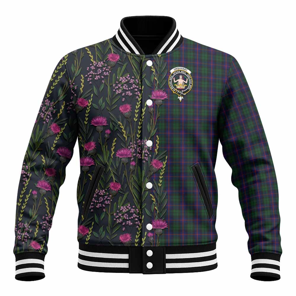 Urquhart Family Crest Tartan Baseball Jacket Scottish Thistle Flower Pattern Half Style - Tartan Vibes Clothing