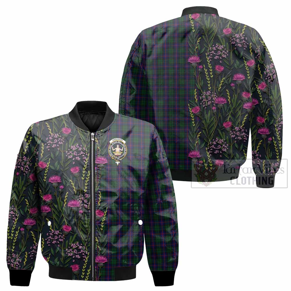 Urquhart Family Crest Tartan Bomber Jacket Scottish Thistle Flower Pattern Half Style - Tartan Vibes Clothing
