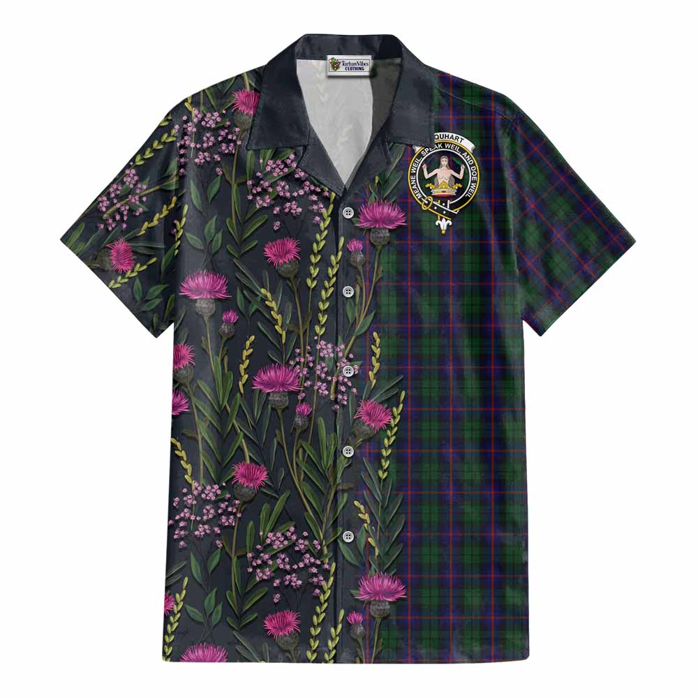 Urquhart Family Crest Tartan Cotton Hawaiian Shirt Scottish Thistle Flower Pattern Half Style - Tartan Vibes Clothing