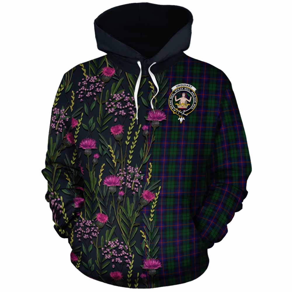 Urquhart Family Crest Tartan Cotton Hoodie Scottish Thistle Flower Pattern Half Style - Tartan Vibes Clothing