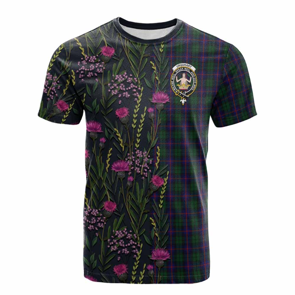Urquhart Family Crest Tartan Cotton T-shirt Scottish Thistle Flower Pattern Half Style - Tartan Vibes Clothing