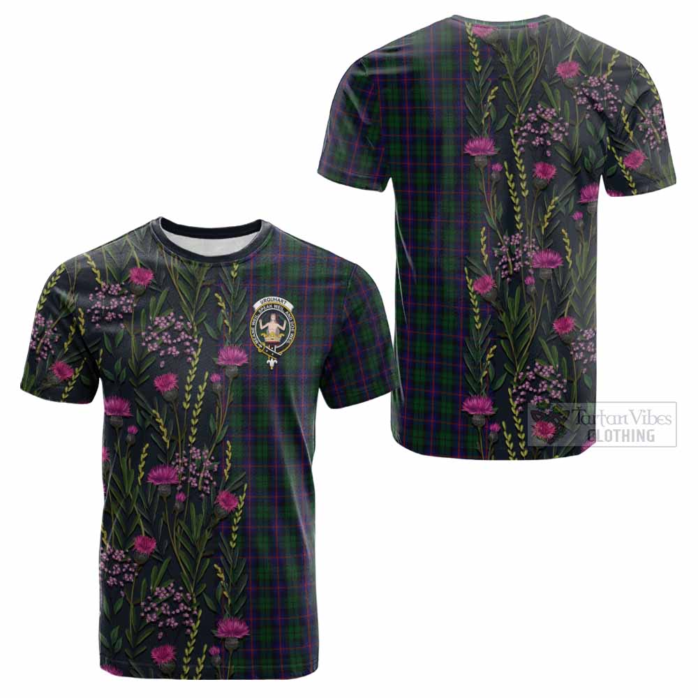 Urquhart Family Crest Tartan Cotton T-shirt Scottish Thistle Flower Pattern Half Style - Tartan Vibes Clothing