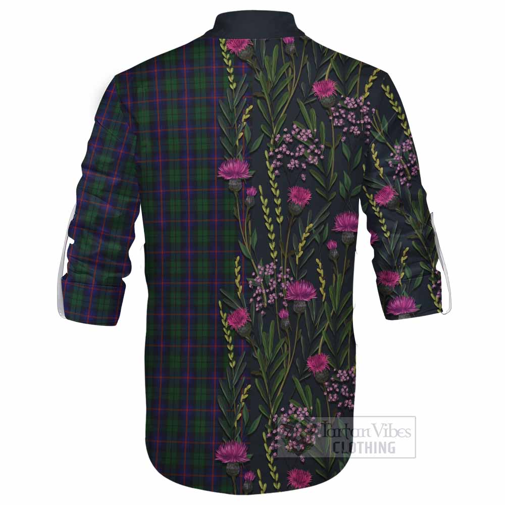 Urquhart Family Crest Tartan Ghillie Shirt Scottish Thistle Flower Pattern Half Style - Tartan Vibes Clothing
