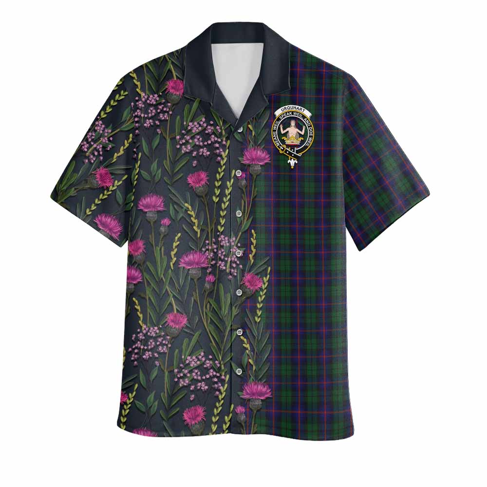 Urquhart Family Crest Tartan Hawaiian Shirt Scottish Thistle Flower Pattern Half Style - Tartan Vibes Clothing