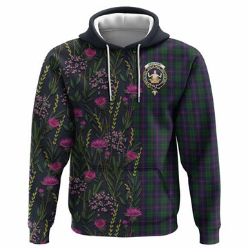 Urquhart Family Crest Tartan Hoodie Scottish Thistle Flower Pattern Half Style