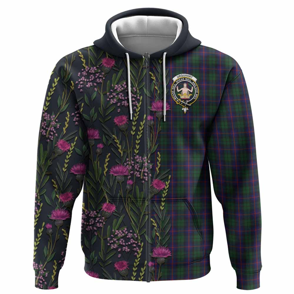 Urquhart Family Crest Tartan Hoodie Scottish Thistle Flower Pattern Half Style - Tartan Vibes Clothing
