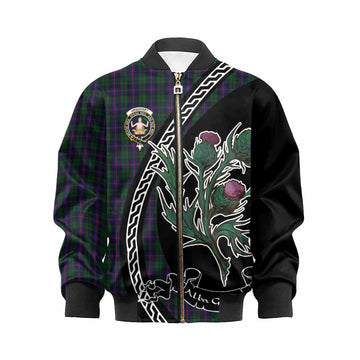 Urquhart Family Crest Tartan Kid Bomber Jacket Alba Thistle Inspired