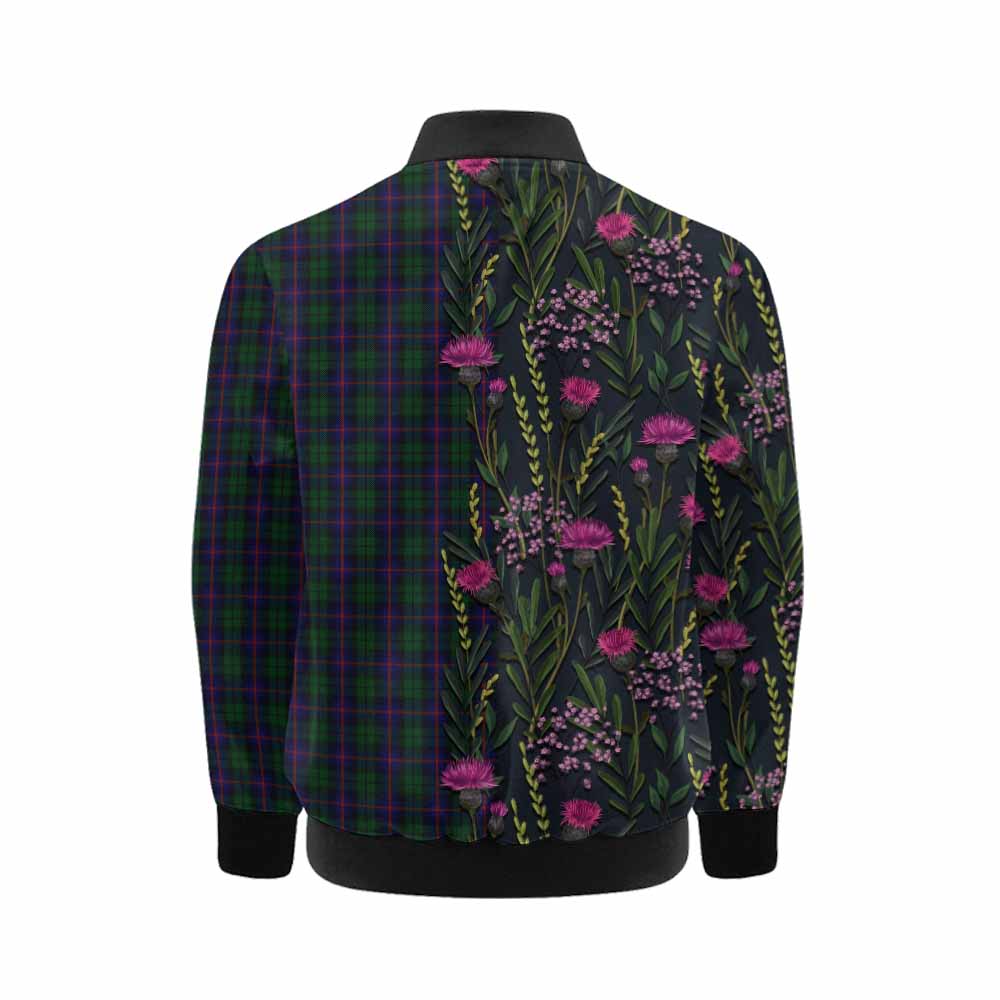 Urquhart Family Crest Tartan Kid Bomber Jacket Scottish Thistle Flower Pattern Half Style - Tartan Vibes Clothing