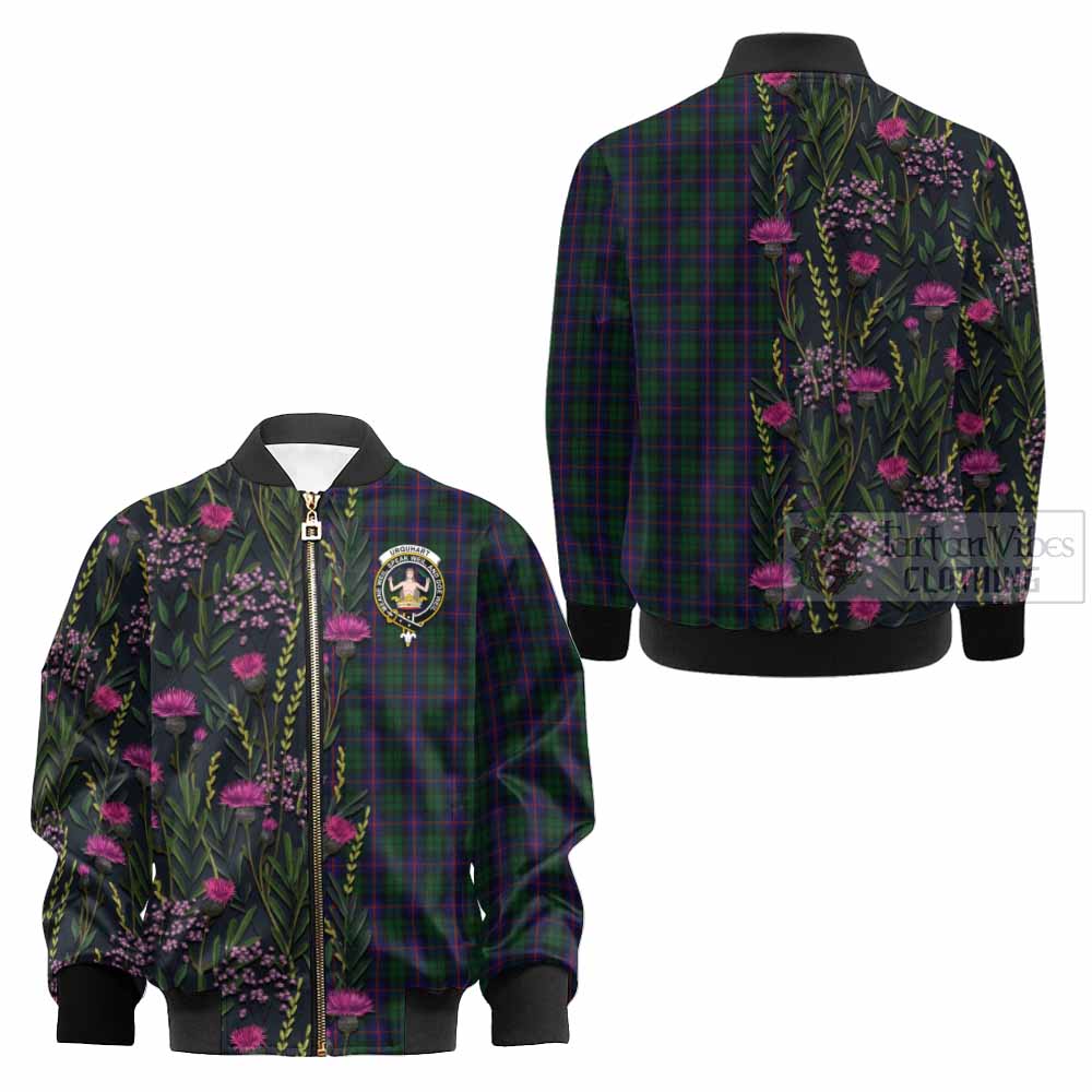 Urquhart Family Crest Tartan Kid Bomber Jacket Scottish Thistle Flower Pattern Half Style - Tartan Vibes Clothing