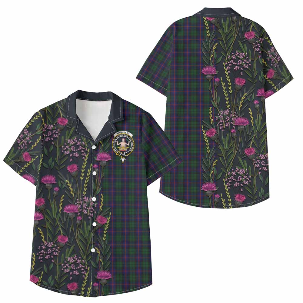 Urquhart Family Crest Tartan Kid Hawaiian Shirt Scottish Thistle Flower Pattern Half Style - Tartan Vibes Clothing