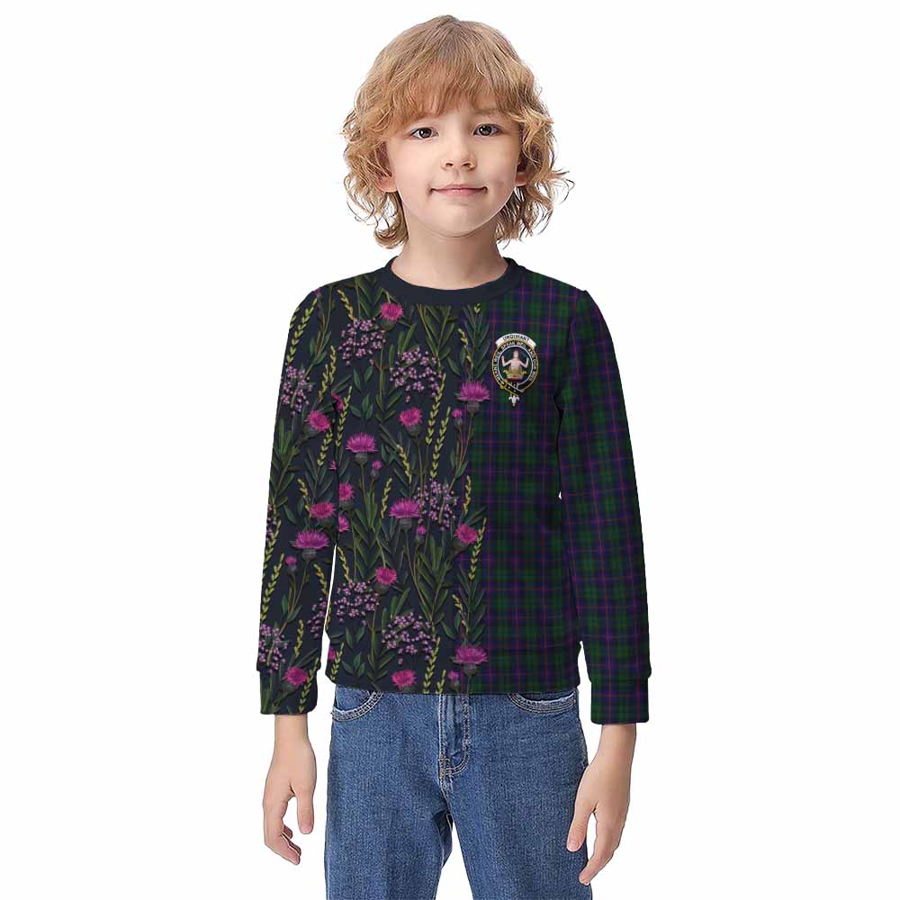Urquhart Family Crest Tartan Kid Knitted Sweatshirt Scottish Thistle Flower Pattern Half Style - Tartan Vibes Clothing