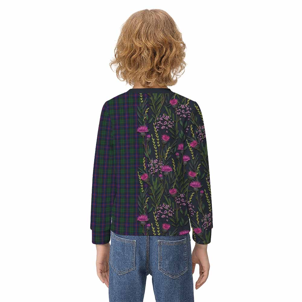 Urquhart Family Crest Tartan Kid Knitted Sweatshirt Scottish Thistle Flower Pattern Half Style - Tartan Vibes Clothing