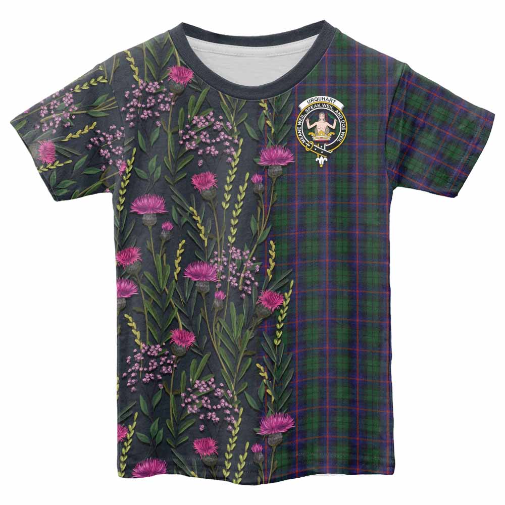 Urquhart Family Crest Tartan Kid T-shirt Scottish Thistle Flower Pattern Half Style - Tartan Vibes Clothing