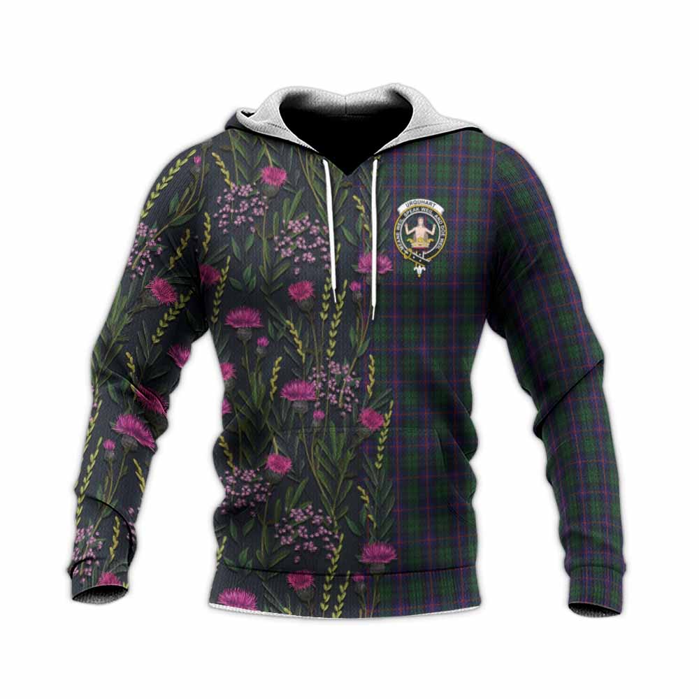 Urquhart Family Crest Tartan Knitted Hoodie Scottish Thistle Flower Pattern Half Style - Tartan Vibes Clothing