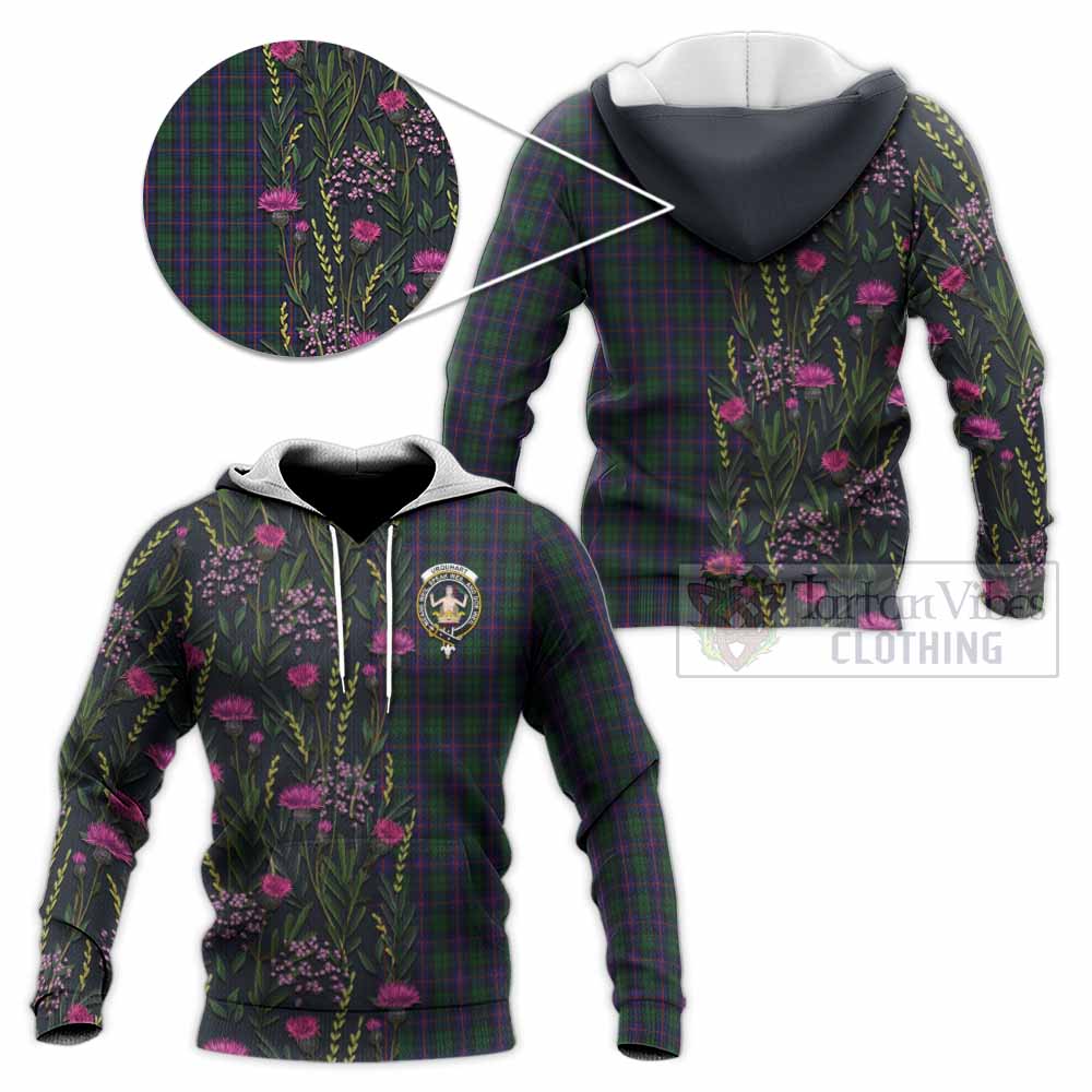 Urquhart Family Crest Tartan Knitted Hoodie Scottish Thistle Flower Pattern Half Style - Tartan Vibes Clothing