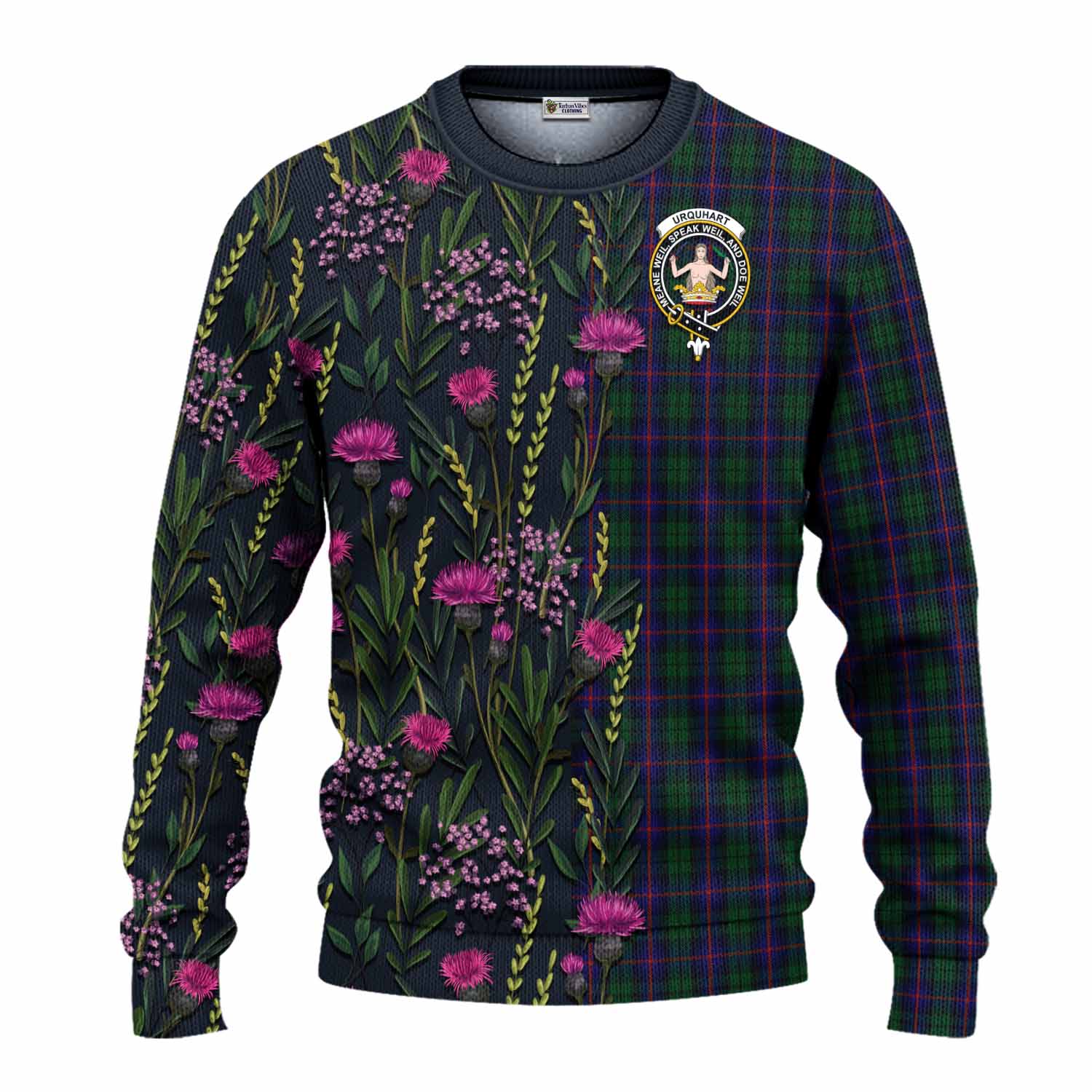 Urquhart Family Crest Tartan Knitted Sweater Scottish Thistle Flower Pattern Half Style - Tartan Vibes Clothing