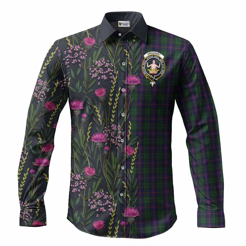 Urquhart Family Crest Tartan Long Sleeve Button Shirts Scottish Thistle Flower Pattern Half Style - Tartan Vibes Clothing