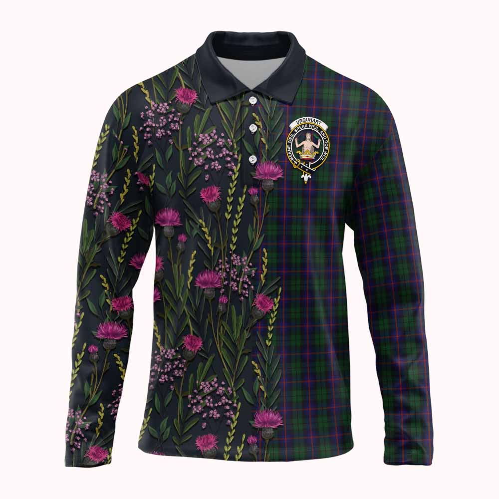 Urquhart Family Crest Tartan Long Sleeve Polo Shirt Scottish Thistle Flower Pattern Half Style - Tartan Vibes Clothing