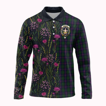 Urquhart Family Crest Tartan Long Sleeve Polo Shirt Scottish Thistle Flower Pattern Half Style