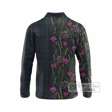Urquhart Family Crest Tartan Long Sleeve Polo Shirt Scottish Thistle Flower Pattern Half Style
